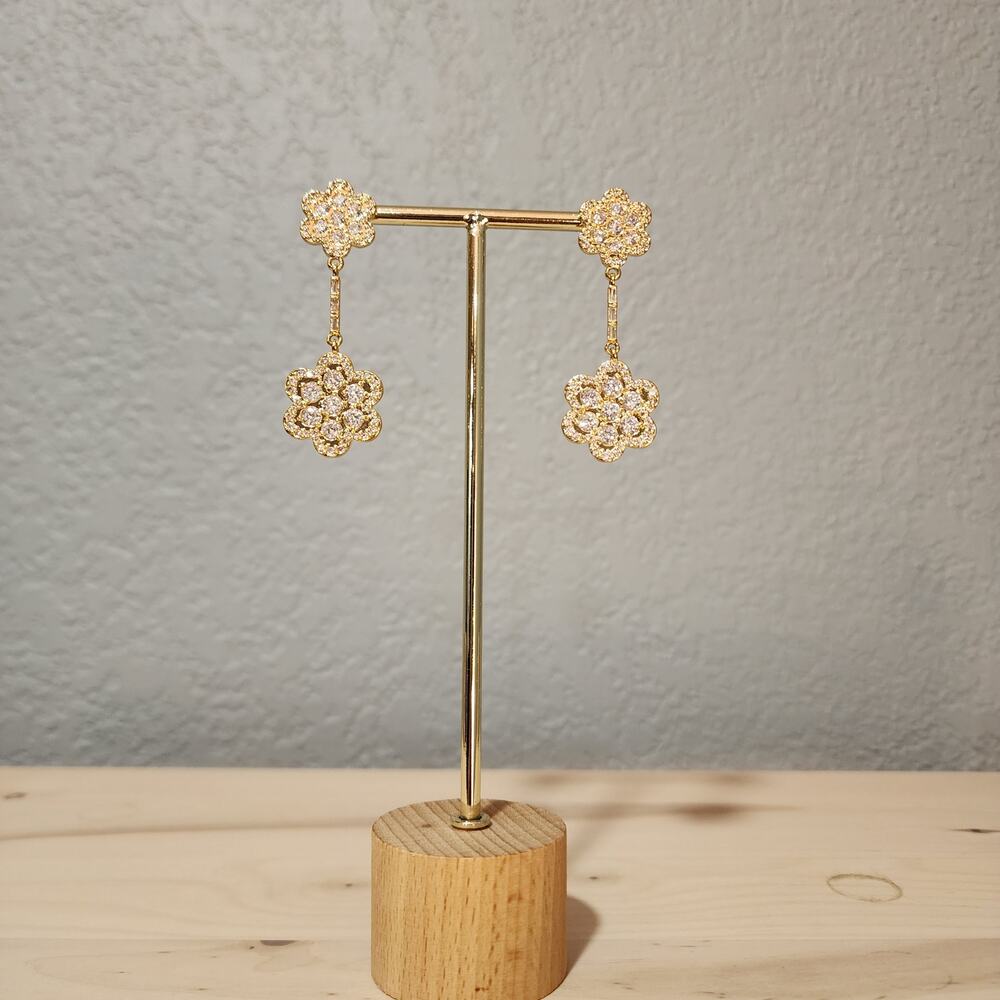 Gold Floral Pave Drop Earrings Flower Dangle Two Tier